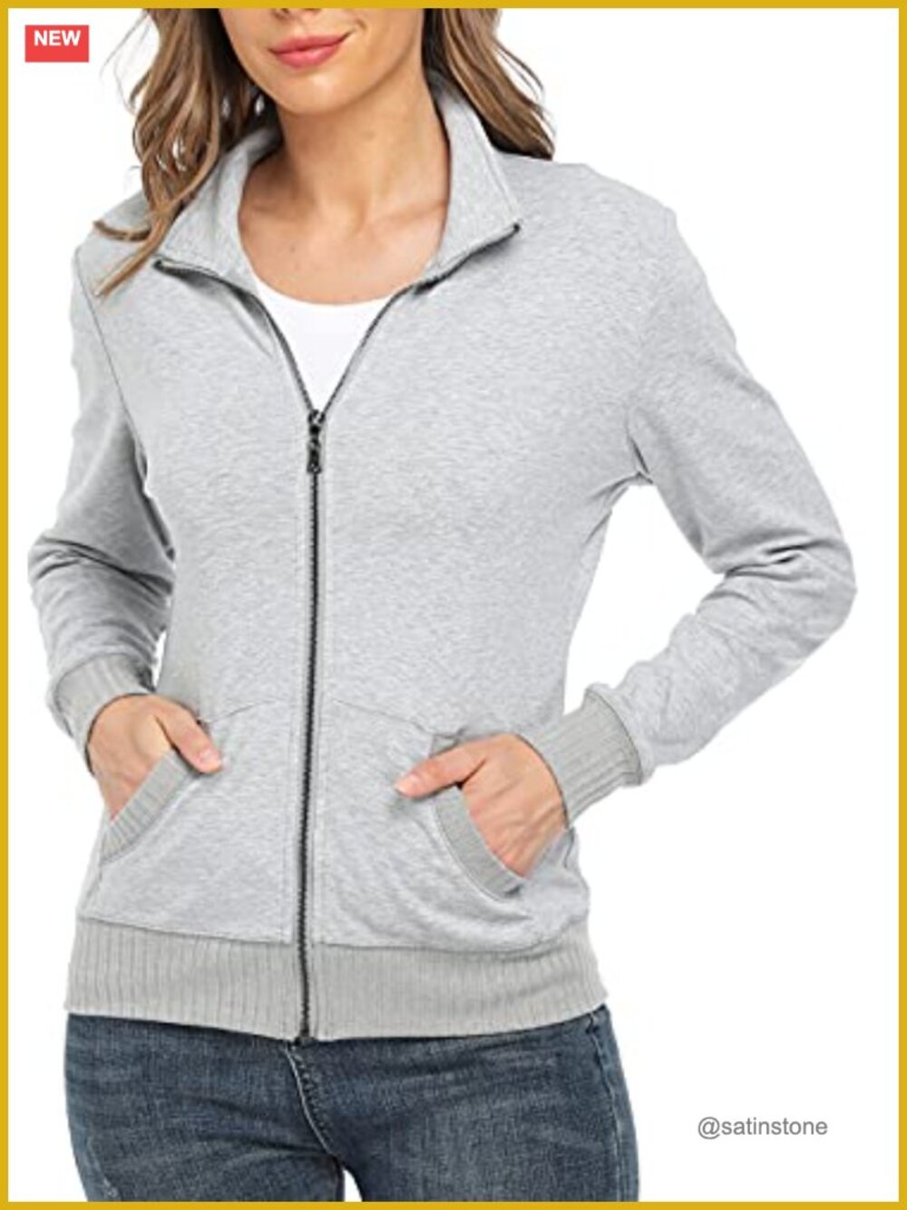 Zip Up Hoodless Sweatshirt Jacket with Pockets Regular Fit Cotton - Picture 3 of 6
